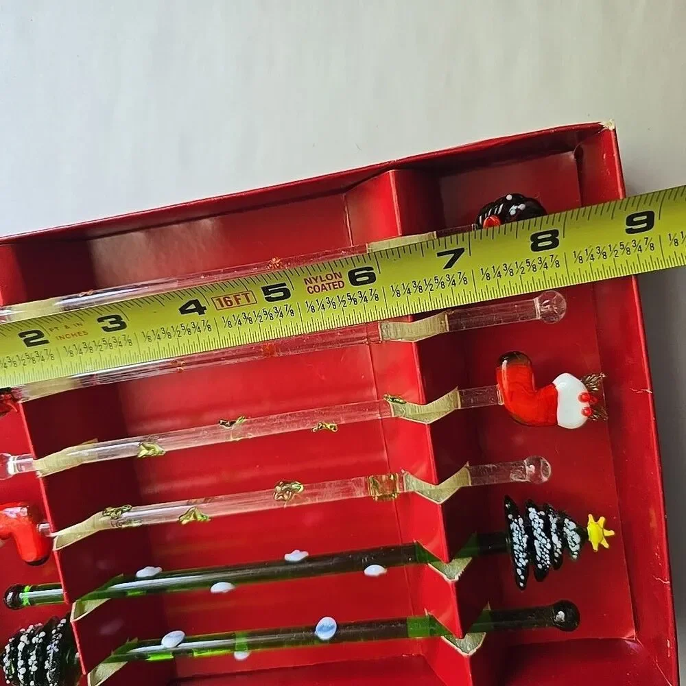 Boston Warehouse Christmas Hand Blown Glass Swizzle Stick Set Of 6 EUC Unused